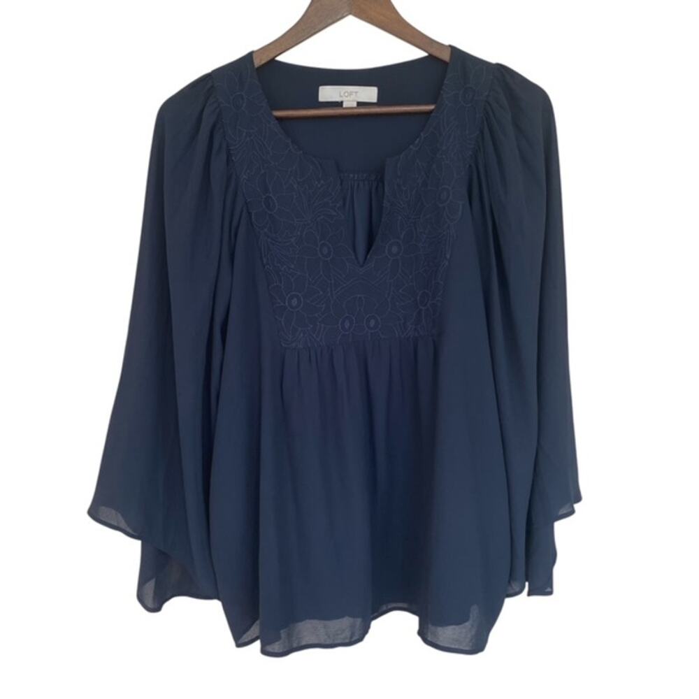 LOFT Navy Blue Floral Embroidered Design Sheer Blouse - Large